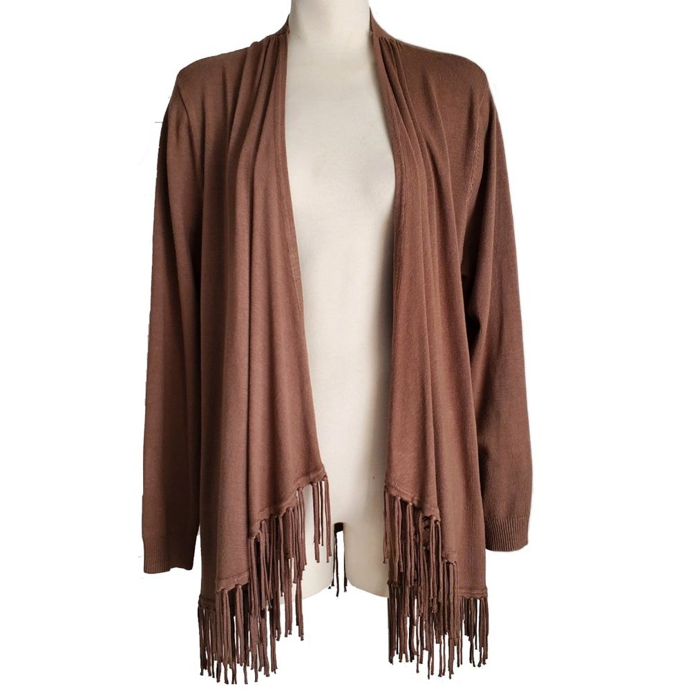 Chelsea & Theodore Fringed Cardigan Sweater Mocha Brown Size XL